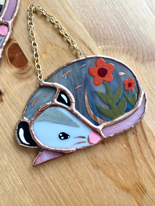 Flower Opossum Stained Glass Ornament