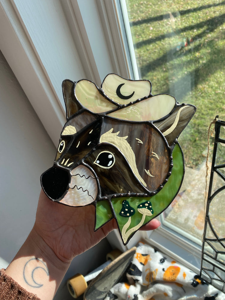 Mushroom Raccoon Cowboy Stained Glass Suncatcher