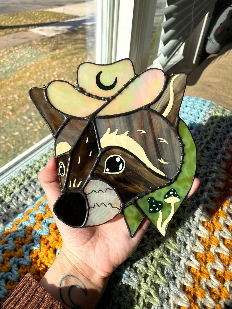 Mushroom Raccoon Cowboy Stained Glass Suncatcher