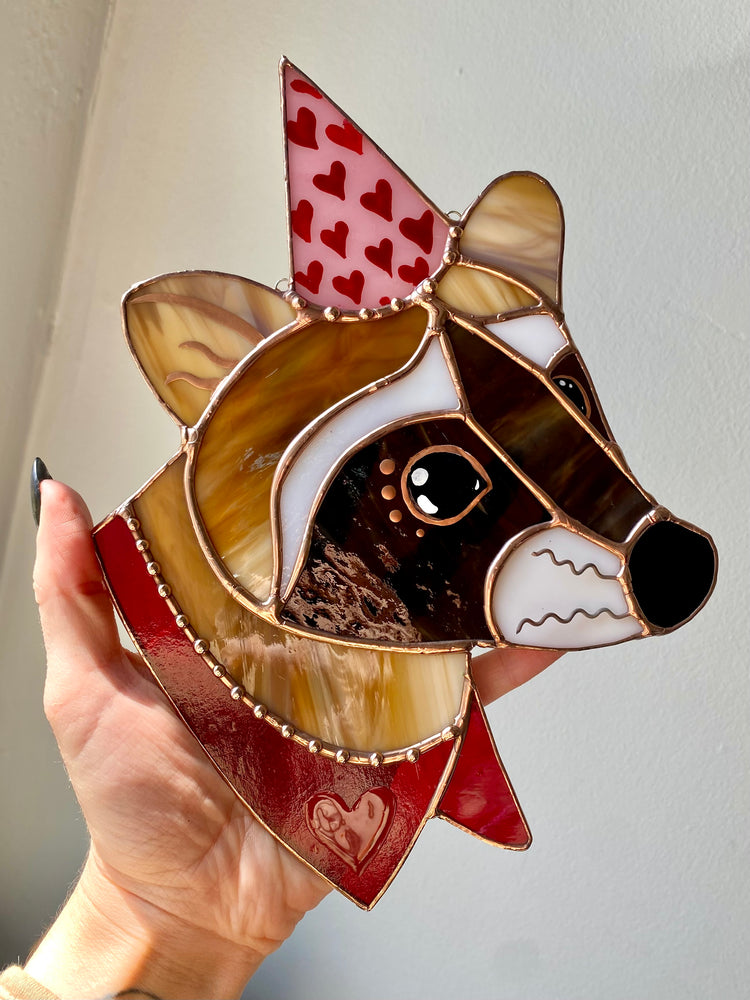 Valentine Raccoon Stained Glass Suncatcher