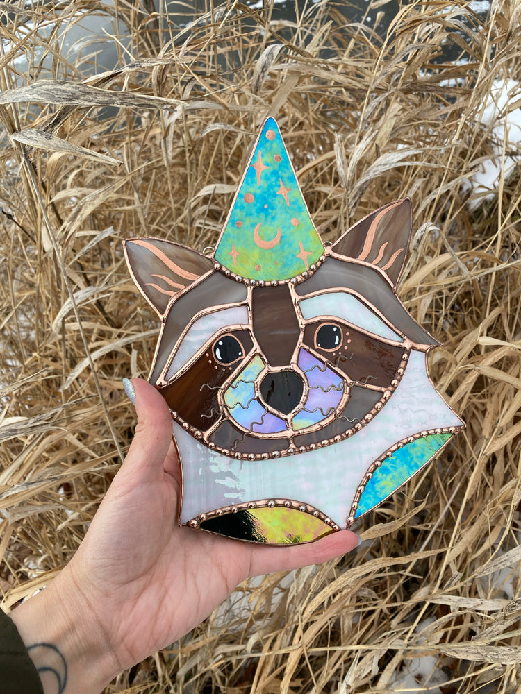 Wizard Raccoon Stained Glass Suncatcher