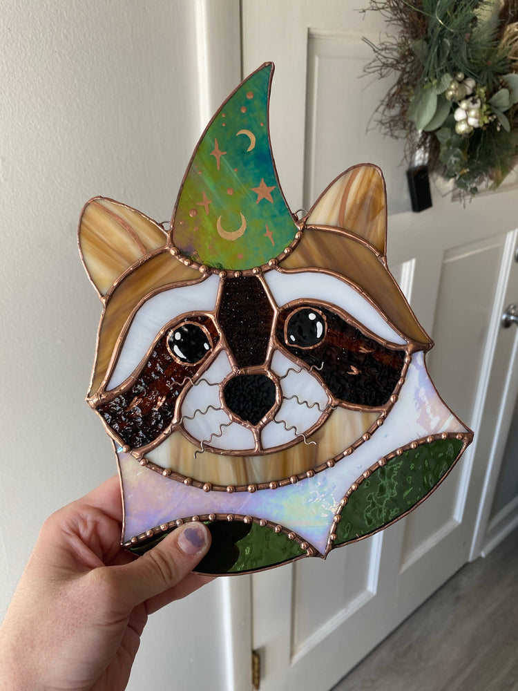 Wizard Raccoon Stained Glass Suncatcher