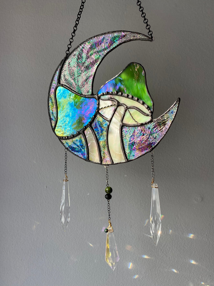 Full Iridescent Green Mushroom Moon Suncatcher