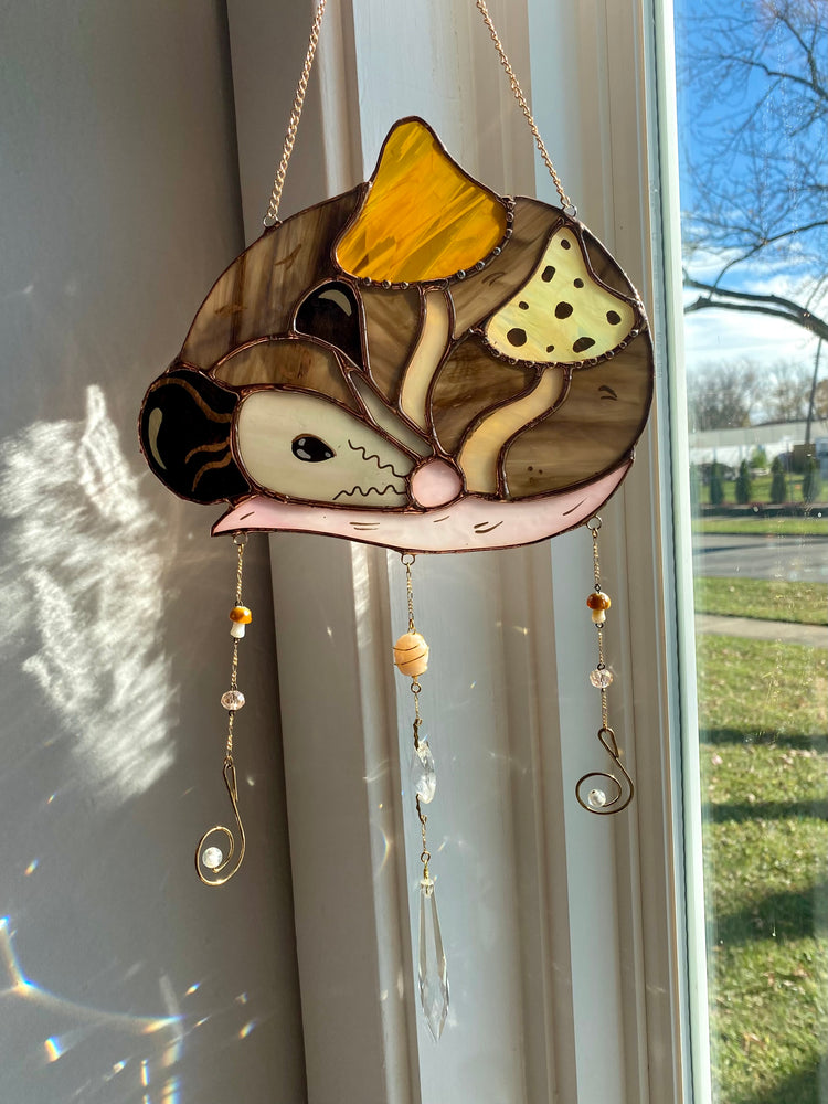 Golden Mushroom Opossum Stained Glass Suncatcher