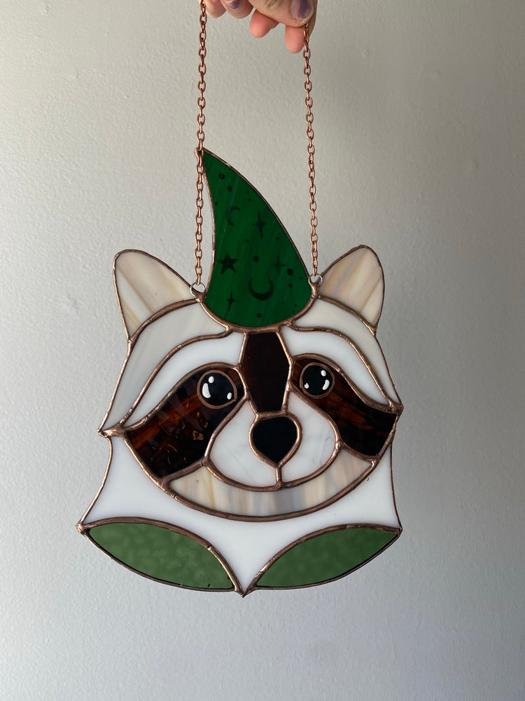 Wizard Raccoon Stained Glass Suncatcher