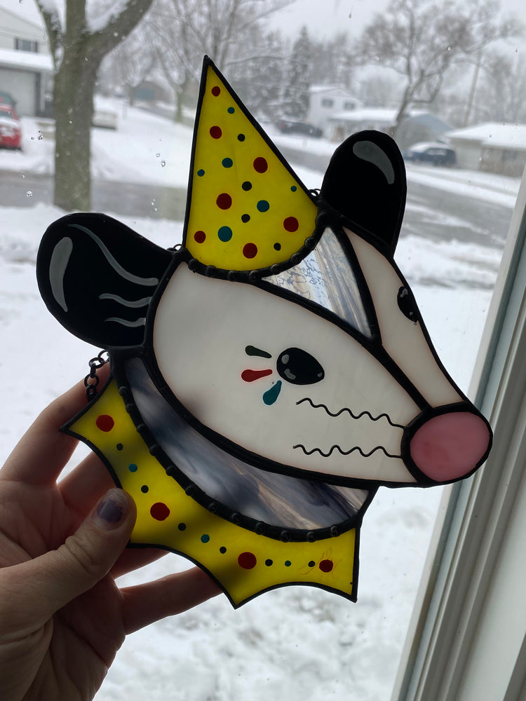 Clown Opossum Stained Glass Suncatcher