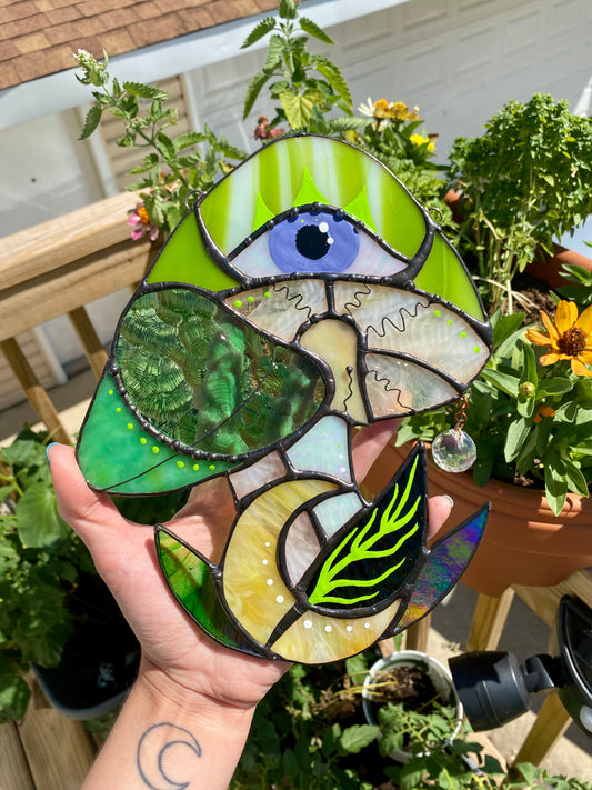 Green and Purple Mushroom Stained Glass Suncatcher