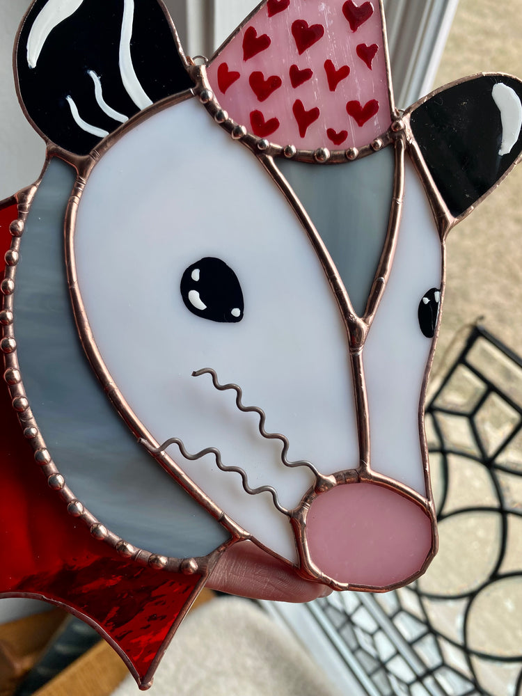 Heart Opossum Stained Glass Suncatcher