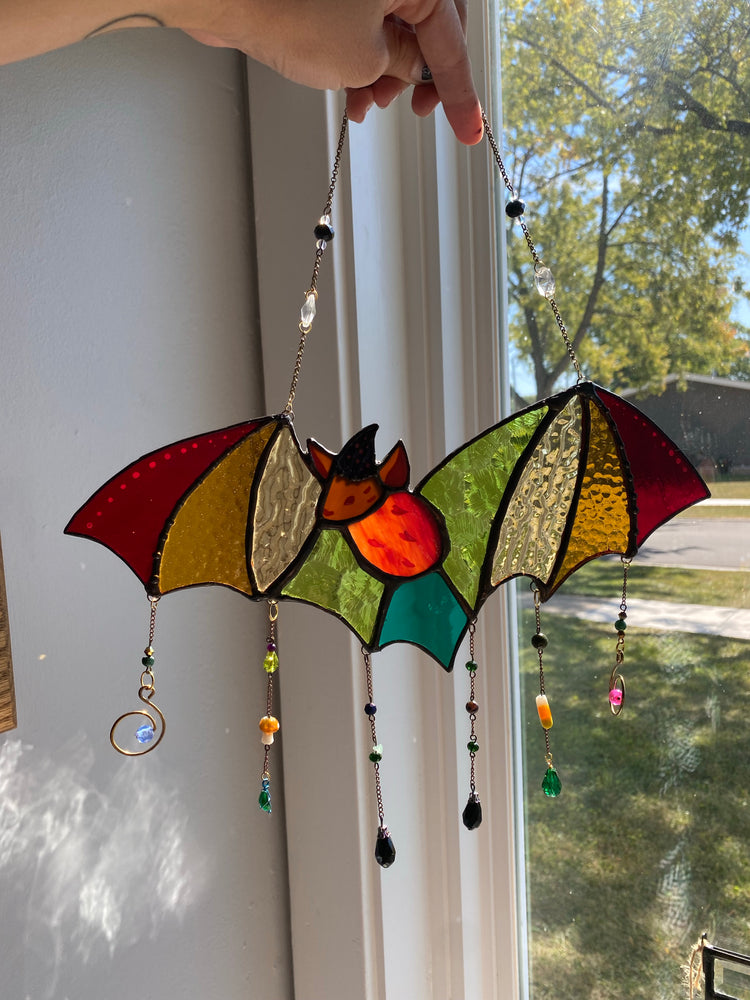 Fall Rainbow Wizard Bat Stained Glass Suncatcher