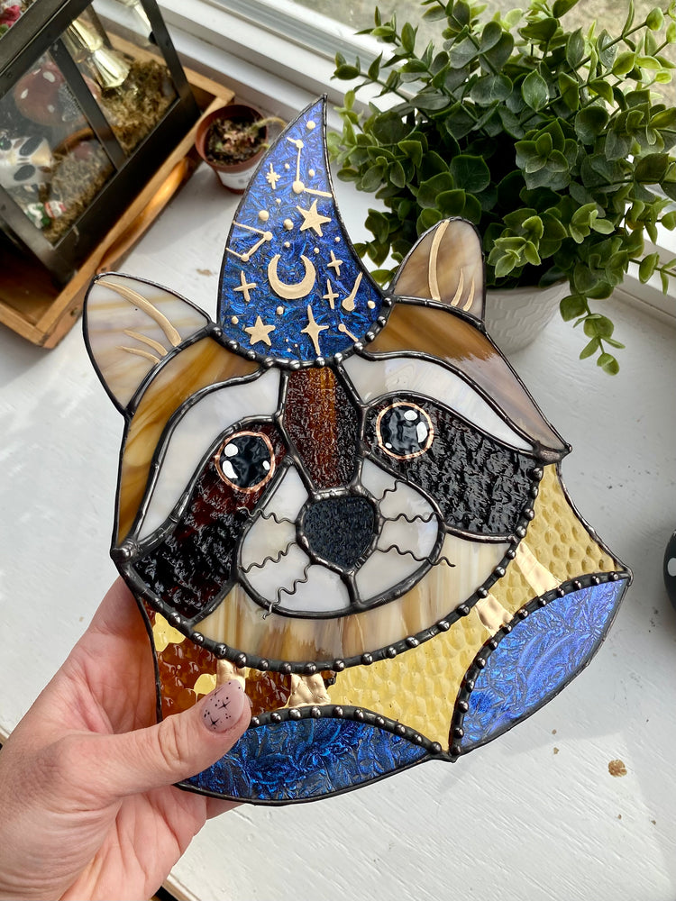 Wizard Raccoon Stained Glass Suncatcher