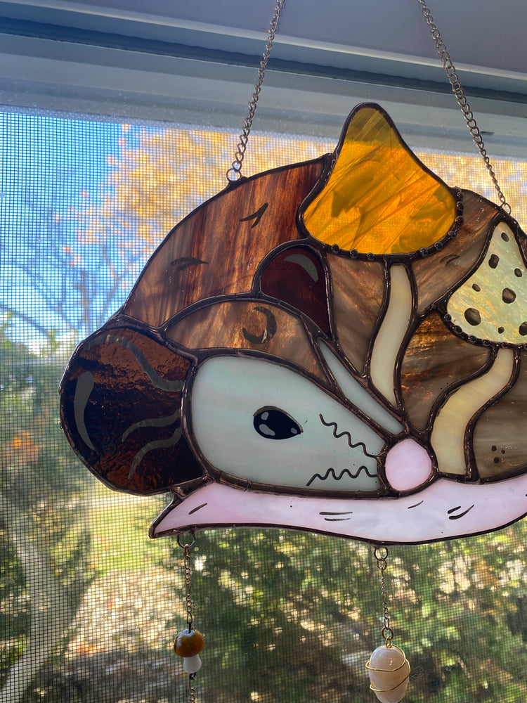 Golden Mushroom Opossum Stained Glass Suncatcher