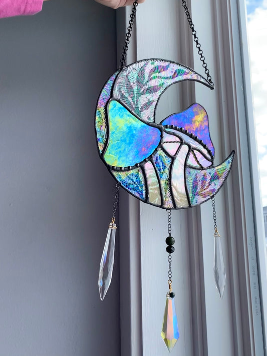 Full Iridescent Green Mushroom Moon Suncatcher