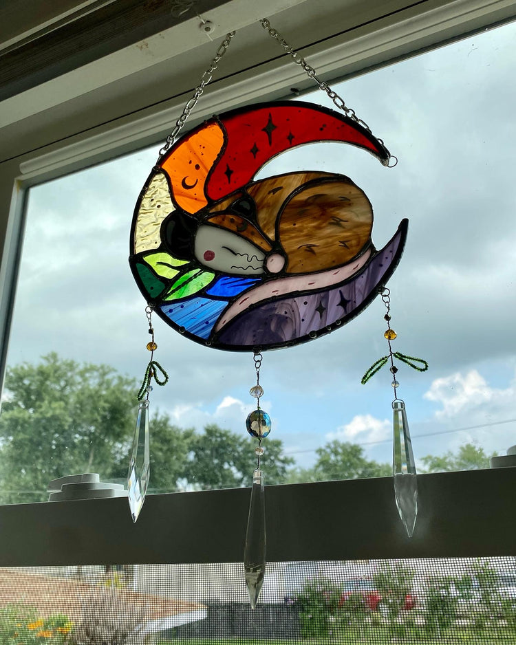 Rainbow Opossum Moon Stained Glass Suncatcher