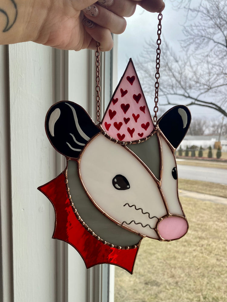 Heart Opossum Stained Glass Suncatcher