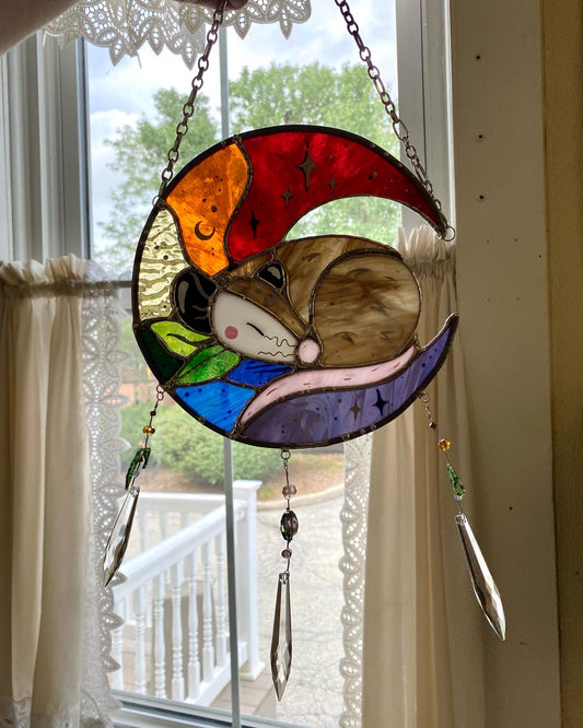 Rainbow Opossum Moon Stained Glass Suncatcher