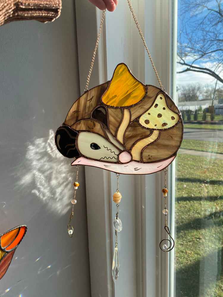 Golden Mushroom Opossum Stained Glass Suncatcher