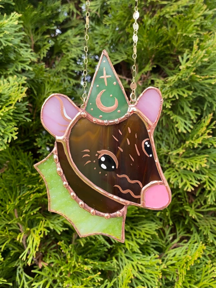 Brown and Green Wizard Rat Mini Stained Glass Suncatcher