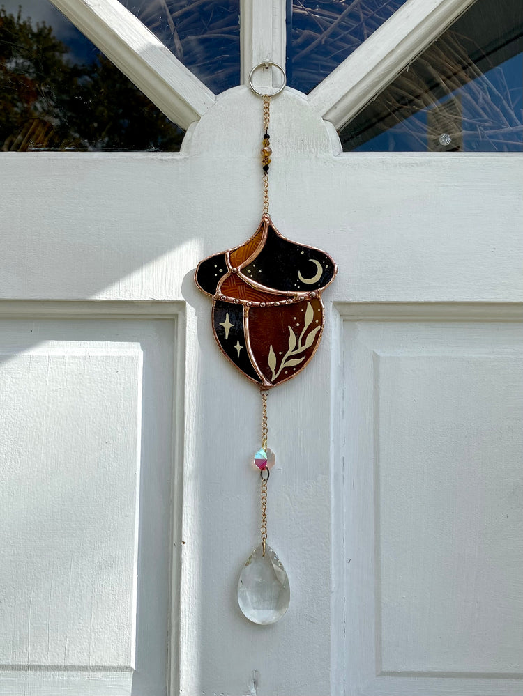 Golden Acorn Stained Glass Suncatcher- Yellow