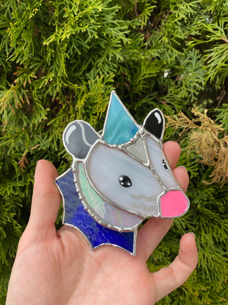 Swirly Teal Wizard Opossum Mini Stained Glass Suncatcher