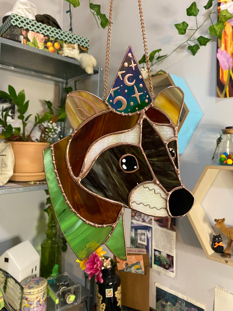 Wizard Raccoon Stained Glass Suncatcher