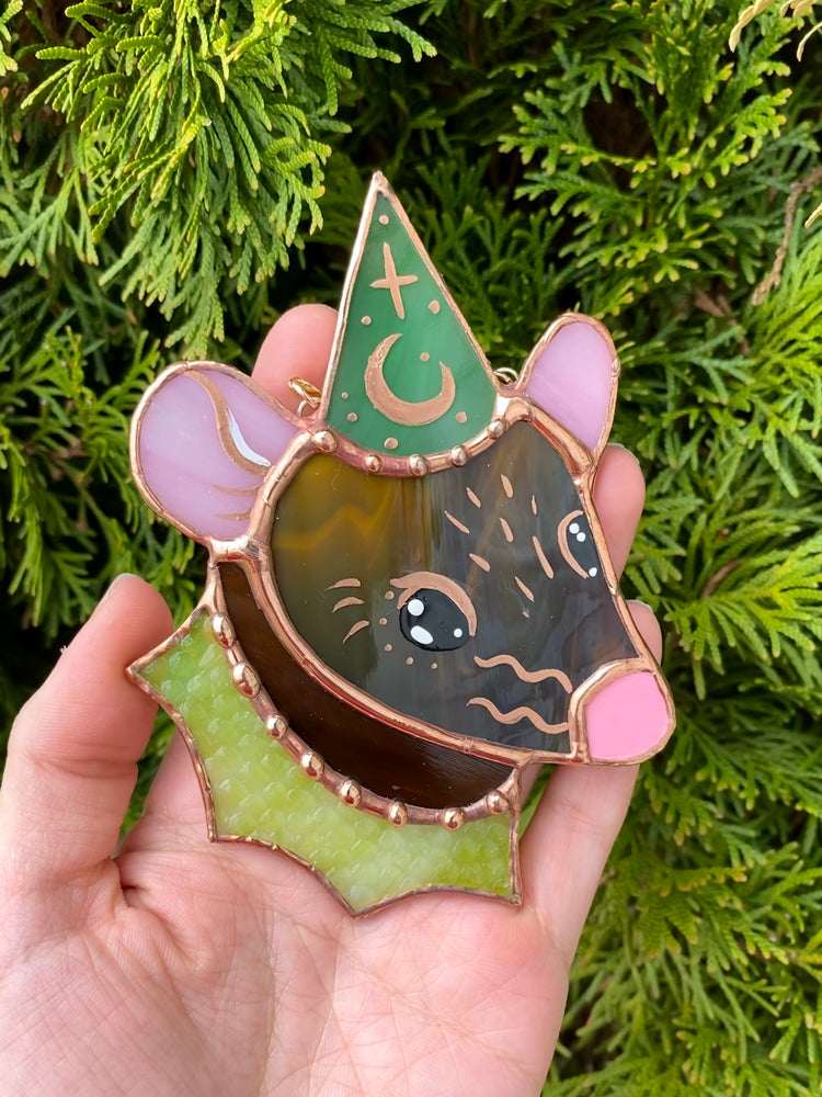 Brown and Green Wizard Rat Mini Stained Glass Suncatcher