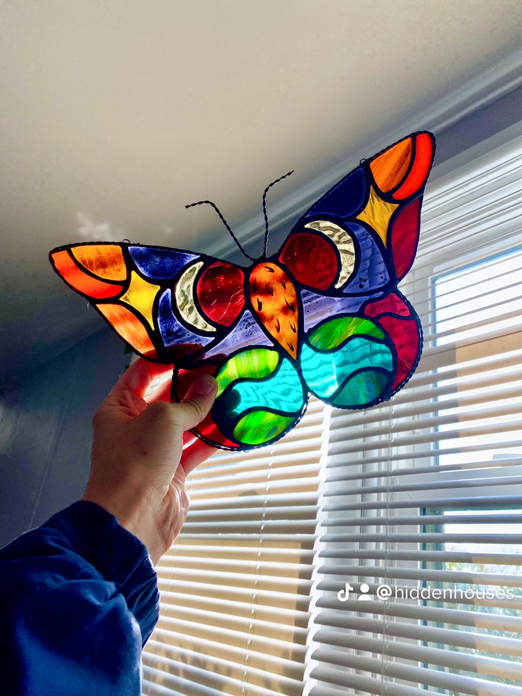 Celestial Maroon Moth Stained Glass Suncatcher