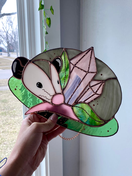 Crystal Guardian Opossum Stained Glass Suncatcher