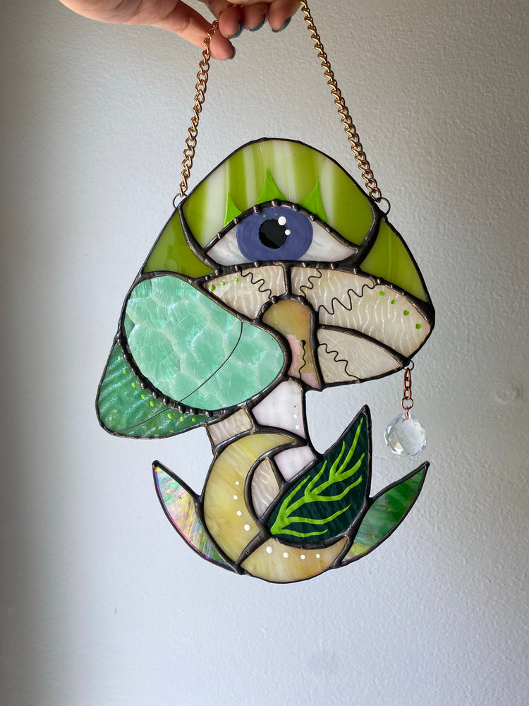 Green and Purple Mushroom Stained Glass Suncatcher