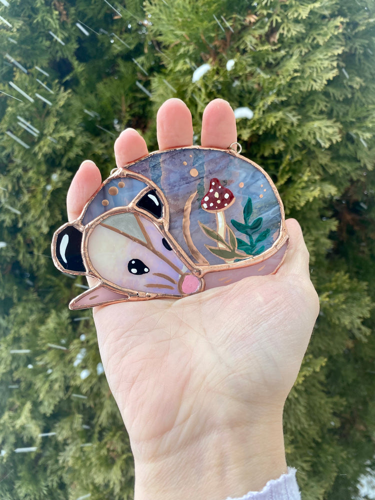 Mushroom Opossum Stained Glass Ornament