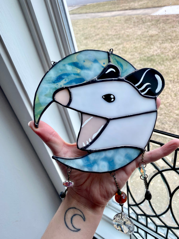 Green Floral Moon Opossum Suncatcher