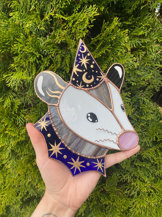 Blue and Gold Wizard Opossum Stained Glass Suncatcher