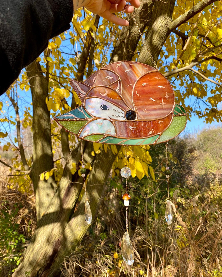 Smiley Leaf Fox Stained Glass Suncatcher