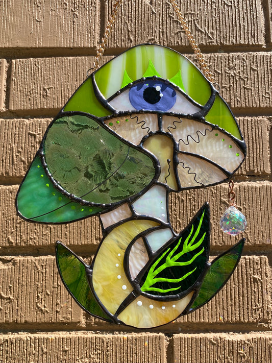 Green and Purple Mushroom Stained Glass Suncatcher