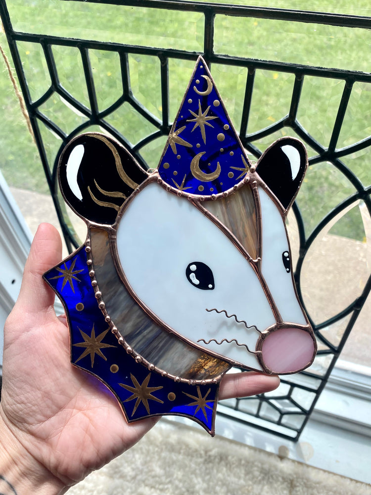 Blue and Gold Wizard Opossum Stained Glass Suncatcher