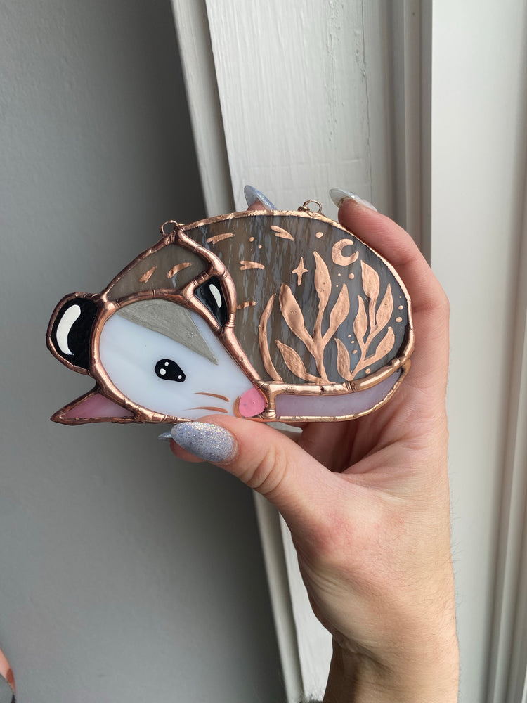 Gold Leaf Opossum Stained Glass Ornament