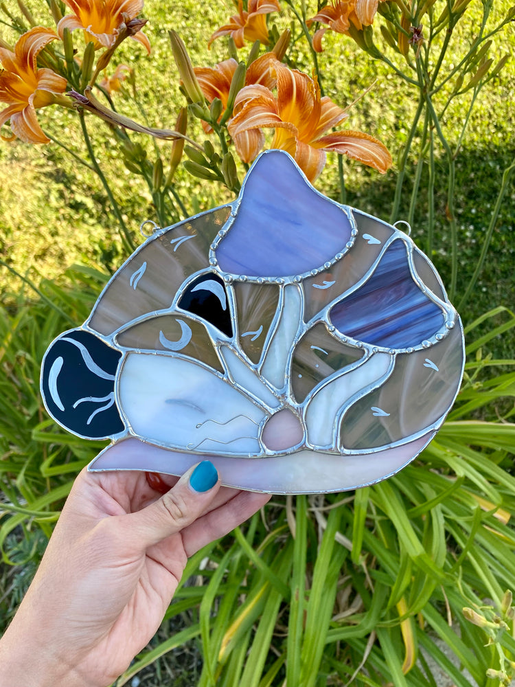 Purple Mushroom Opossum Stained Glass Suncatcher