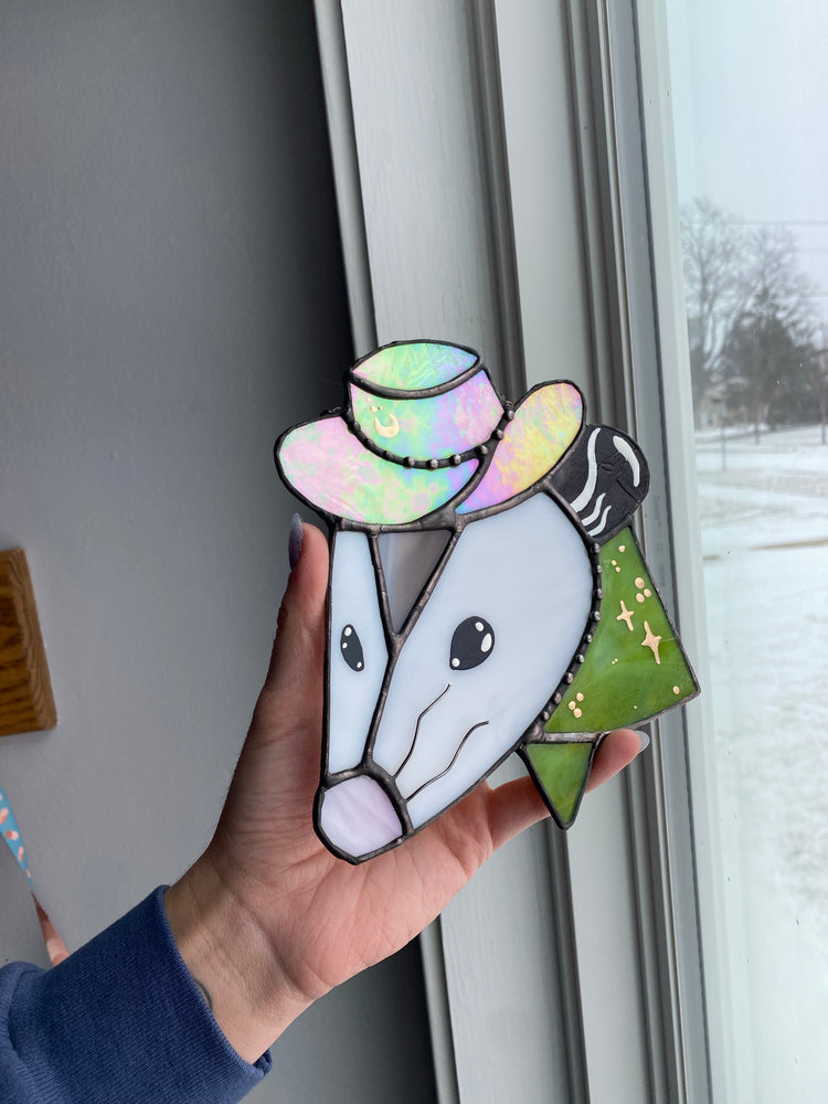 Green Cowboy Opossum Stained Glass Suncatcher