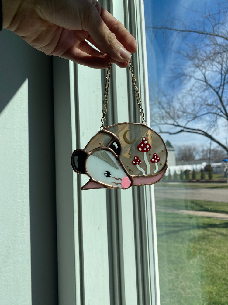 Mini Mushroom Opossum Stained Glass Ornament