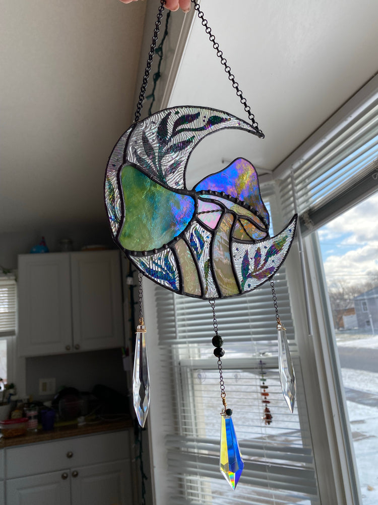 Full Iridescent Green Mushroom Moon Suncatcher