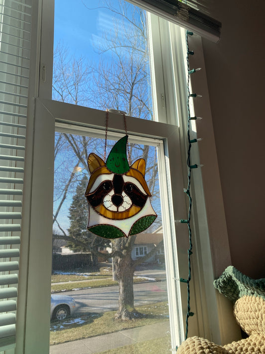 Wizard Raccoon Stained Glass Suncatcher