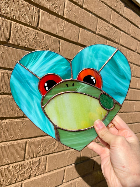 Teal Heart Frog Stained Glass Suncatcher