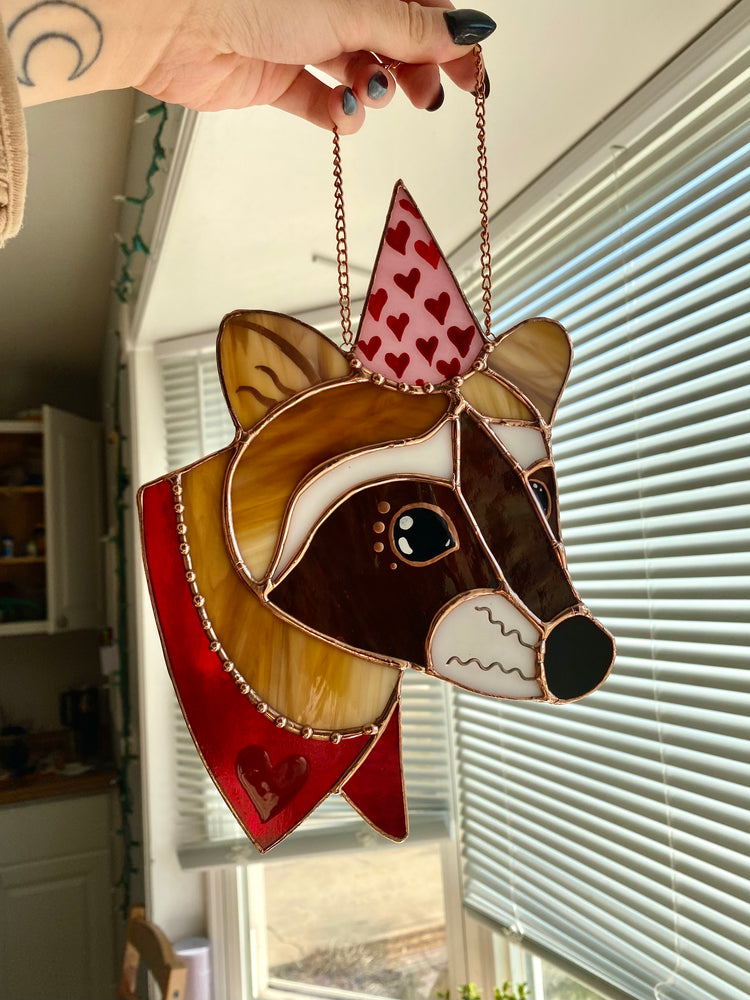 Valentine Raccoon Stained Glass Suncatcher