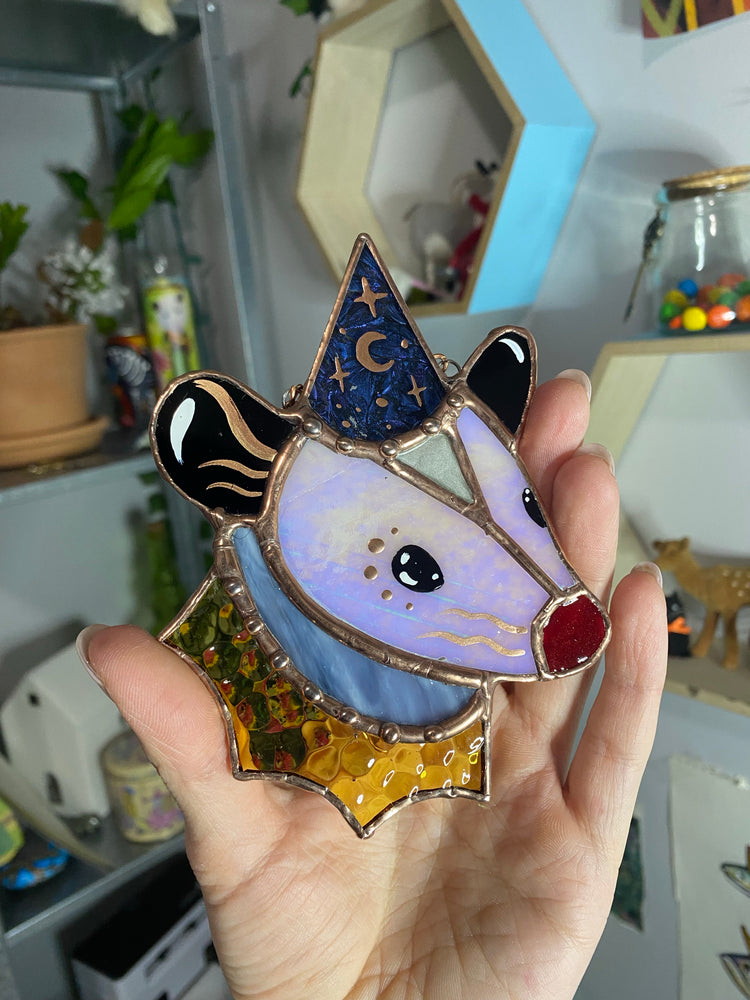 Mini Iridescent Wizard Opossum Stained Glass Ornament