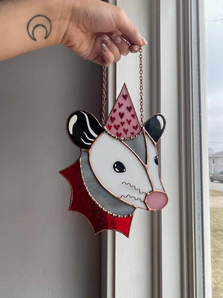 Heart Opossum Stained Glass Suncatcher