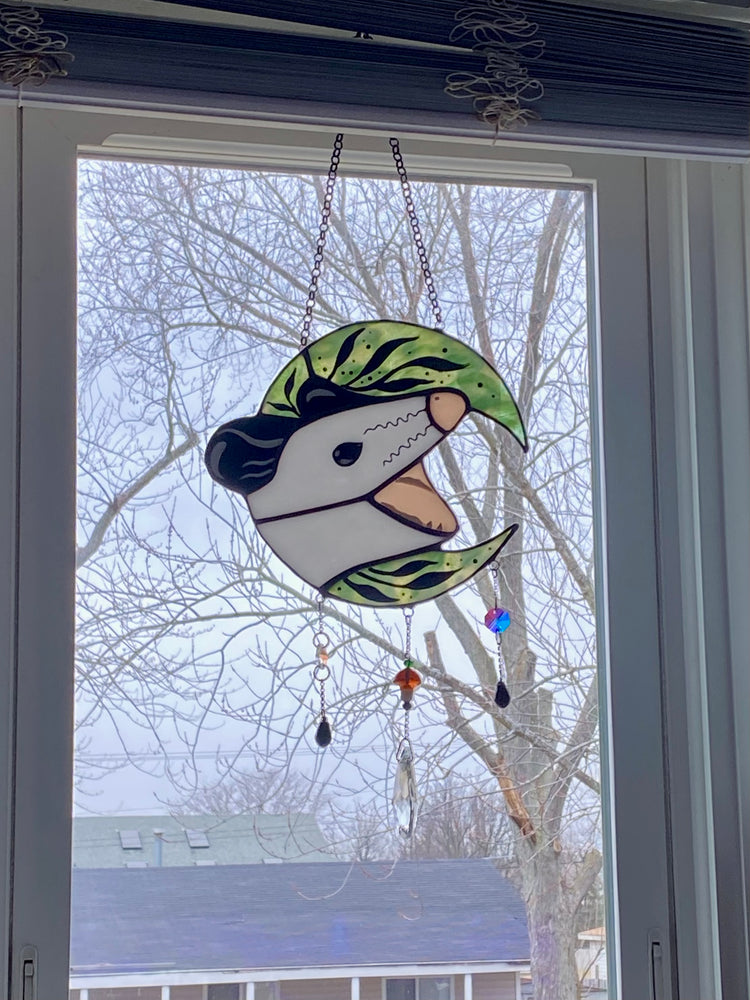 Green Floral Moon Opossum Suncatcher