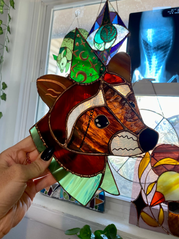 Wizard Raccoon Stained Glass Suncatcher