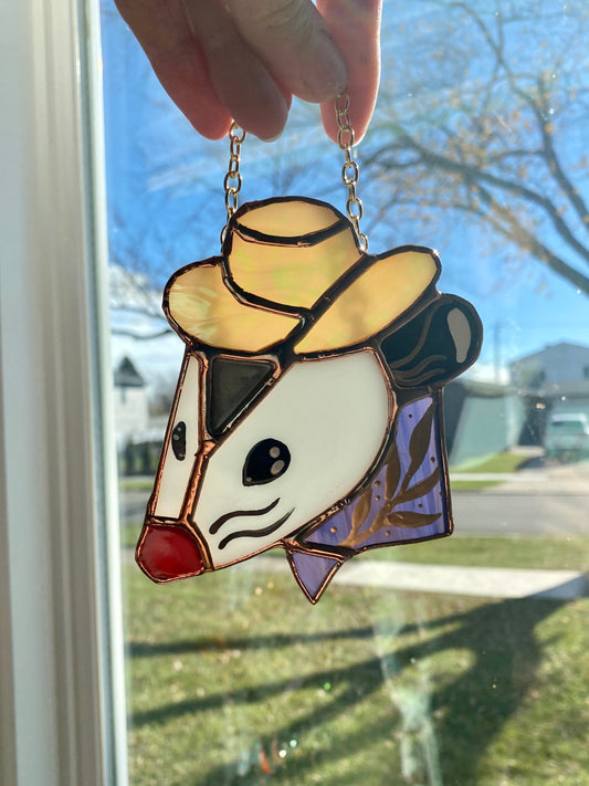 Mini Cowboy Opossum Stained Glass Ornament- Red or Purple!