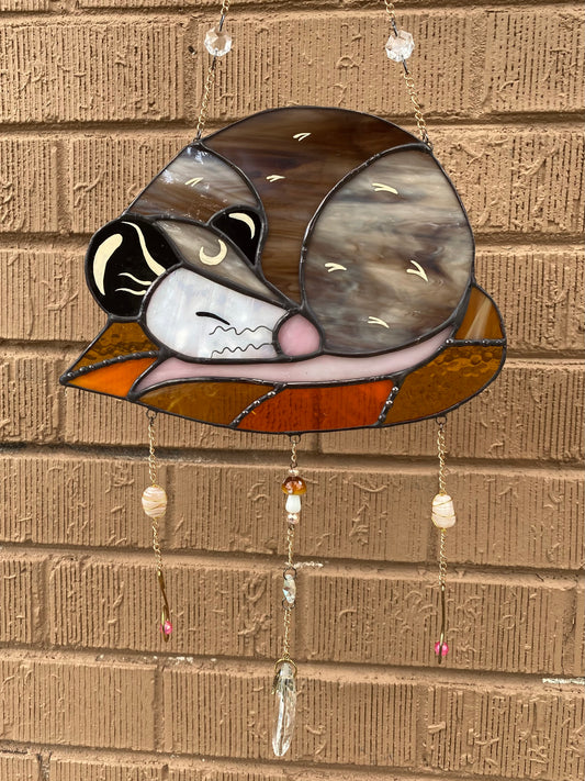 Fall Leaf Opossum Stained Glass Suncatcher