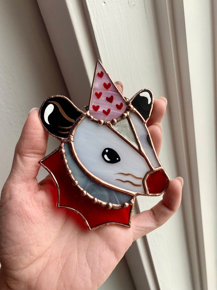 Mini Valentines Opossum Stained Glass Ornament