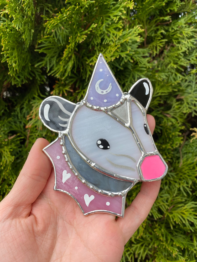 Pink and Purple Wizard Opossum Mini Stained Glass Suncatcher